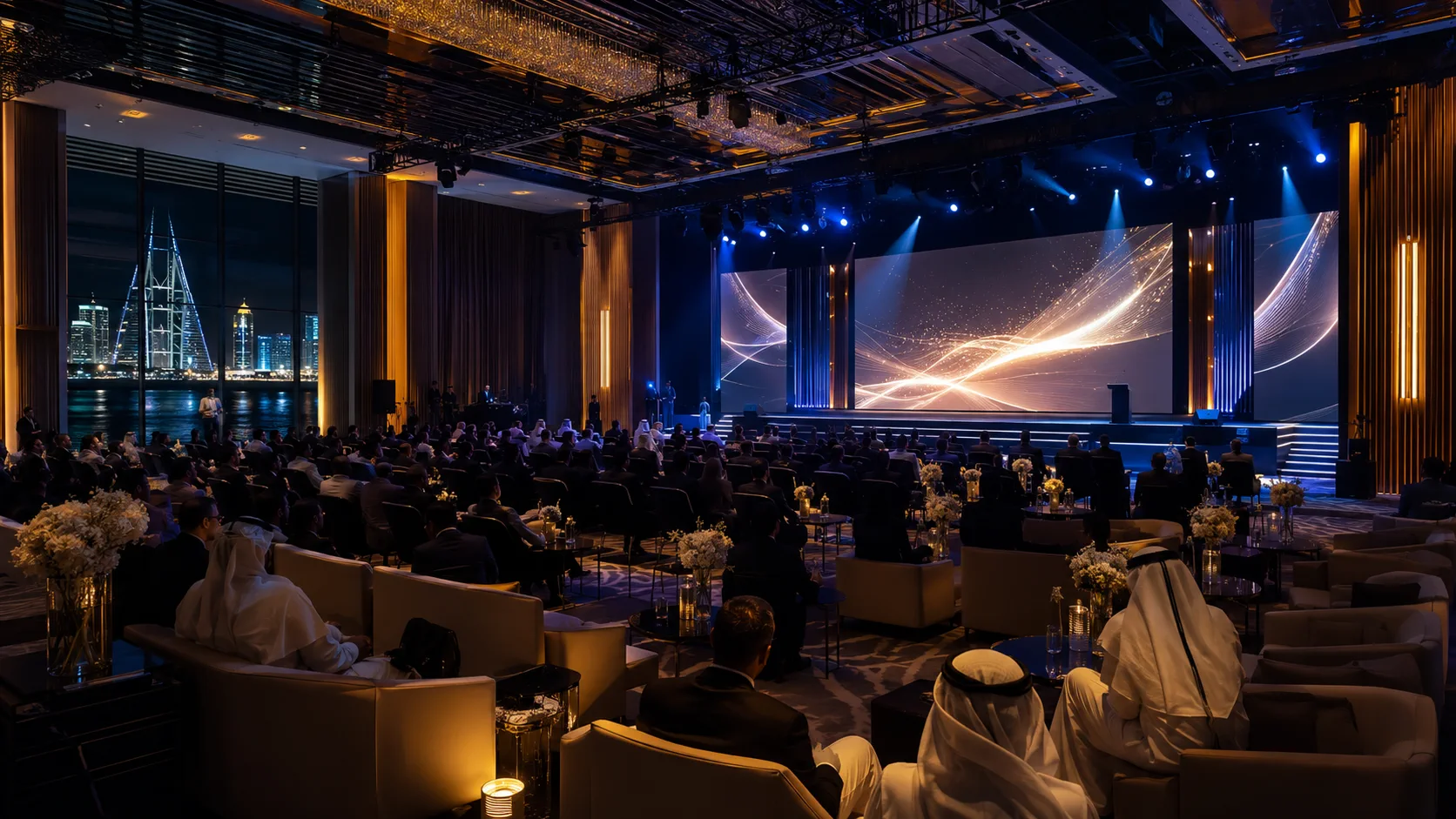 Refined evening reception setting representing luxury wedding and private celebration production