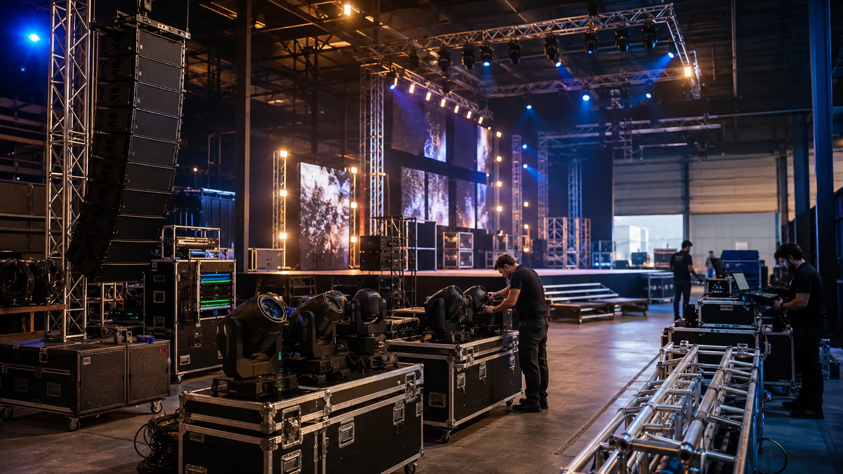 Full technical production equipment: LED screens, sound systems, moving lights, trussing