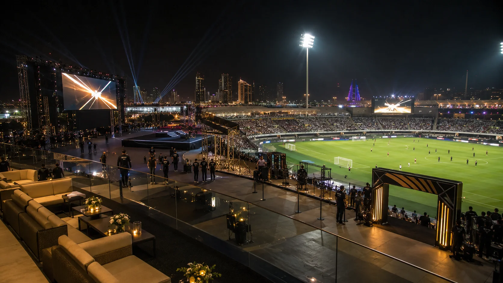 Stadium sports event stage with lighting and screens