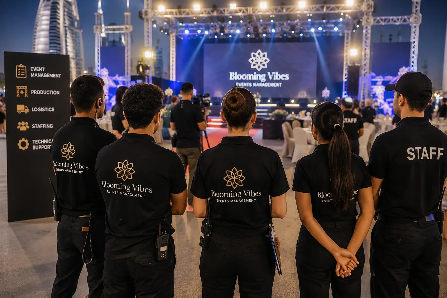 Professional event staff, coordinators and ushers in Blooming Vibes uniforms